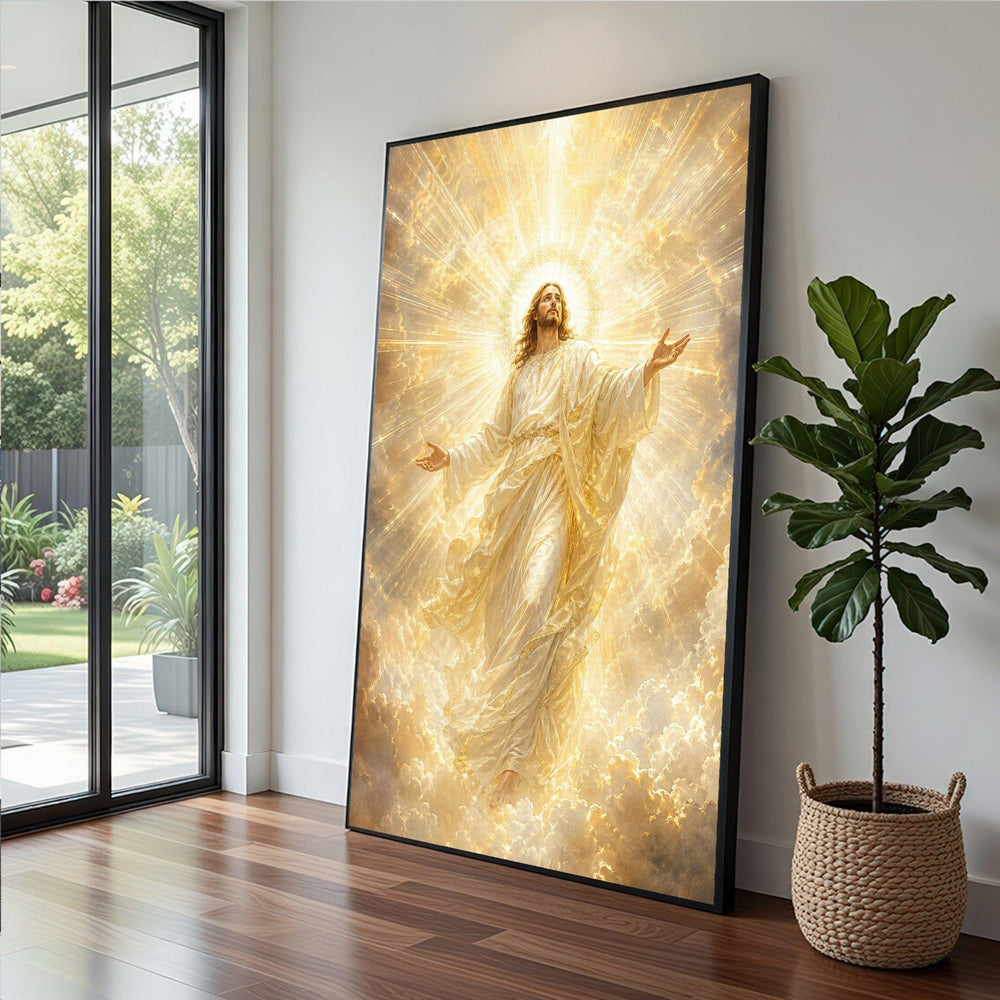 Jesus Ascension Framed Wall Art, Radiant Divine Canvas Print, Religious Living Room Decor