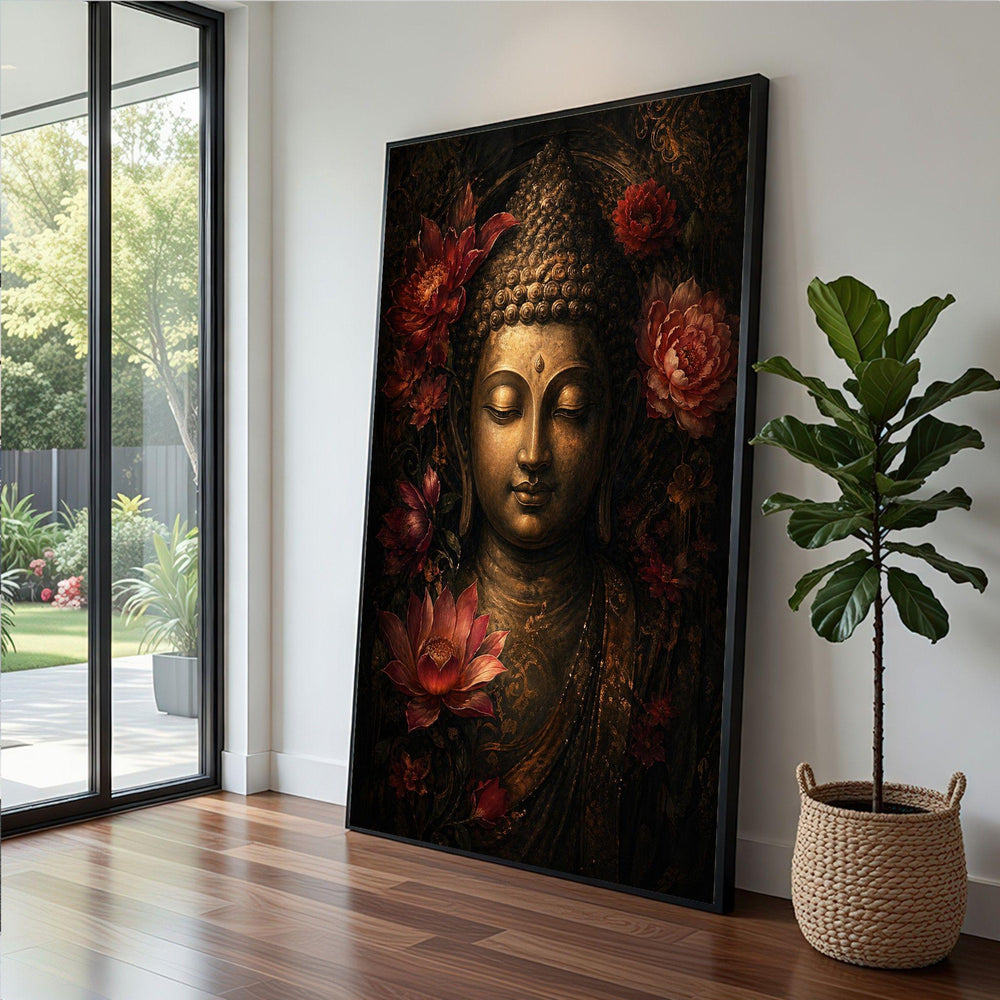 Buddha Lotus Framed Wall Art, Golden Floral Framed Wall Art, Zen Meditation Living, Spiritual Zen Canvas Print