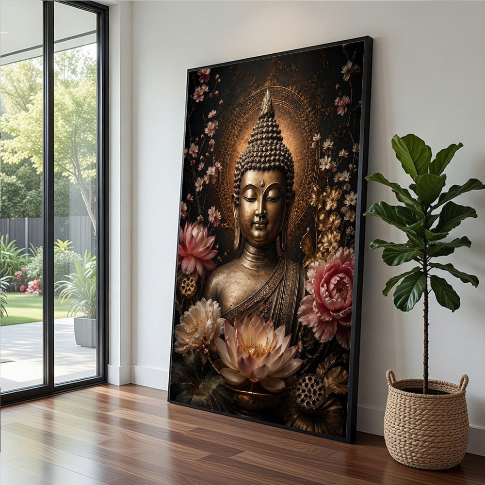 Buddha Golden Lotus Framed Wall Art, Zen Floral Canvas Print, Spiritual Meditation