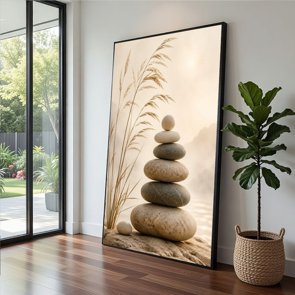 Zen Stone Balance Framed Wall Art, Neutral Toned Canvas Print, Minimalist Living Room Decor