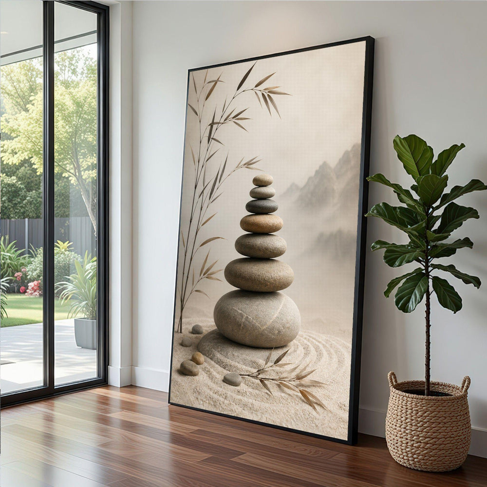 Zen Stone Balance Framed Wall Art, Tranquil Bamboo Canvas Print, Minimalist Living Room Decor