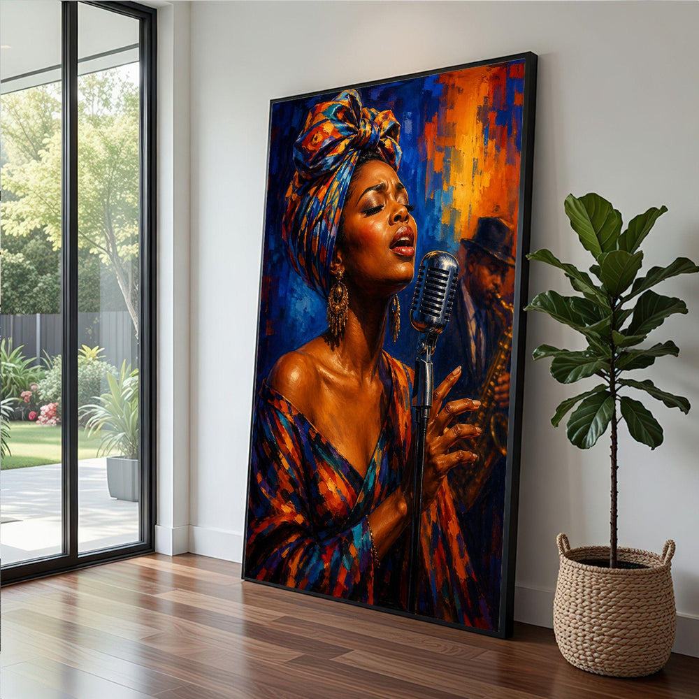 African Jazz Singer Framed Wall Art, Vibrant Music Canvas Print, Portrait Living Room Art