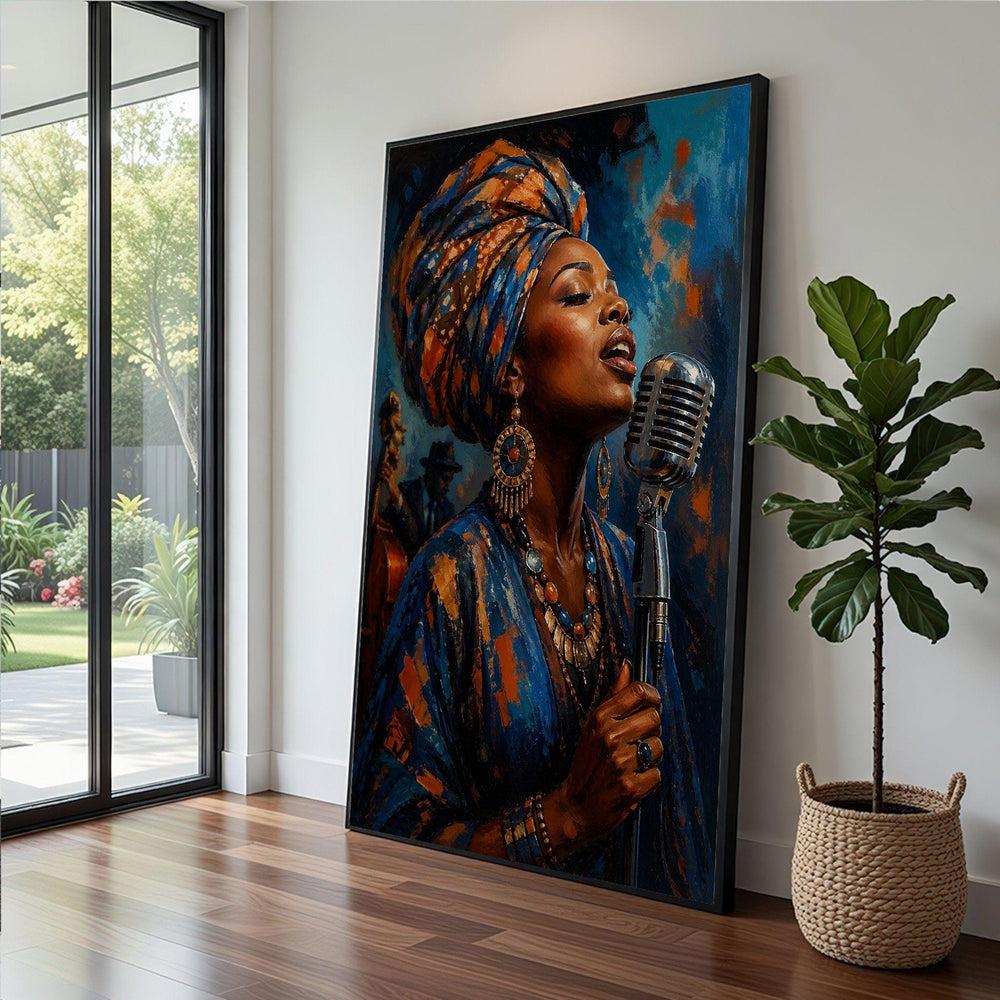 Afro Jazz Singer Framed Wall Art, Vibrant Blue Orange Canvas Print, Portrait Living Room Art