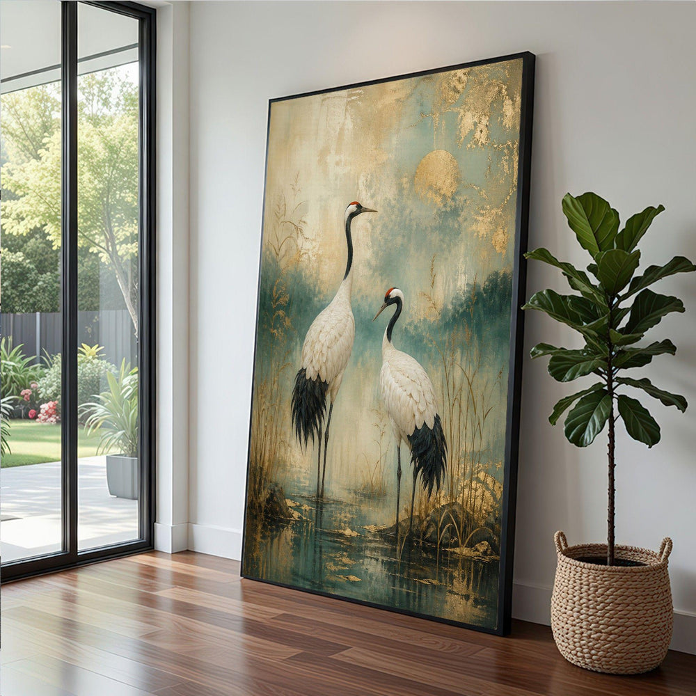 Vintage Crane Framed Wall Art, Gold Teal Canvas Print, Asian Inspired Living Room Decor