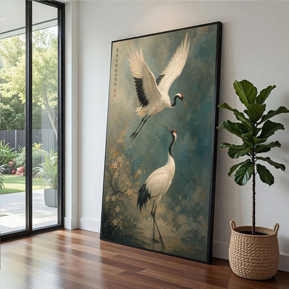 Japanese Crane Framed Wall Art, Blue Framed Wall Art, Asian Inspired Living, Japanese Inspired Canvas Print