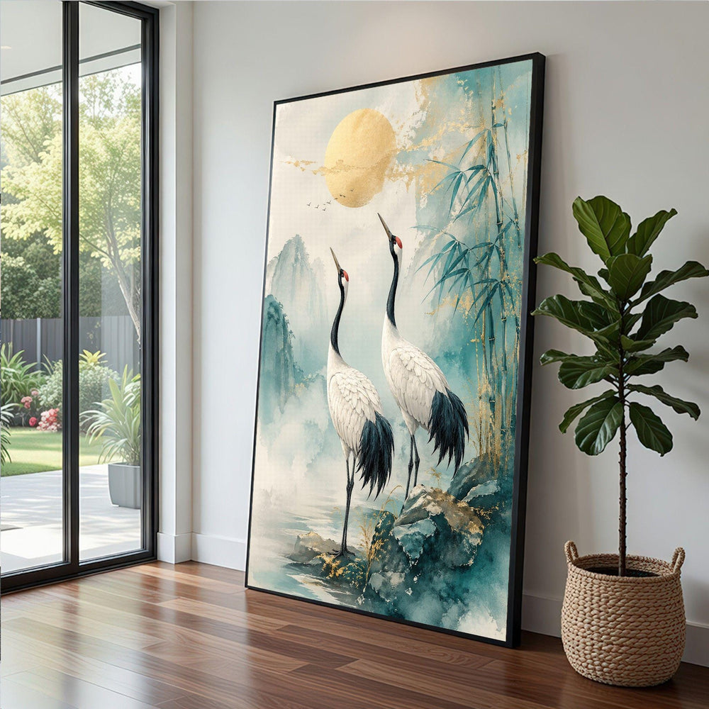 Japanese Crane Framed Wall Art, Teal Gold Bamboo Canvas Print, Asian Inspired Living