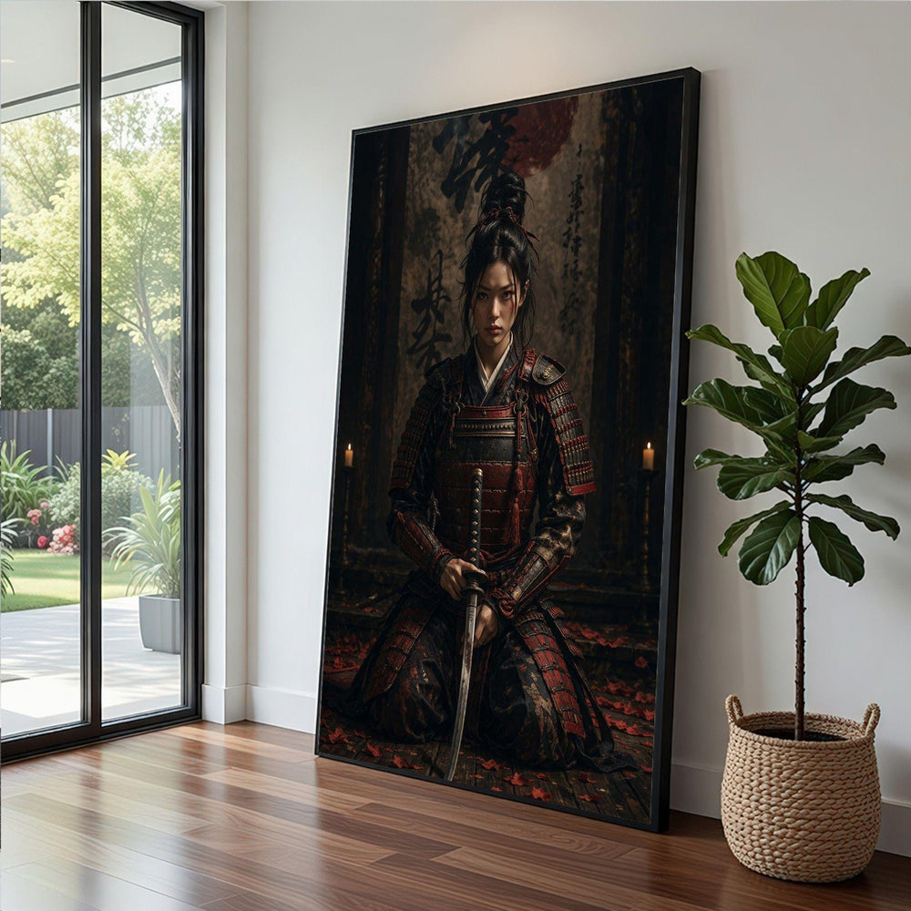 Japanese Samurai Warrior Framed Wall Art, Red Black Armor Canvas Print, Asian Inspired Living