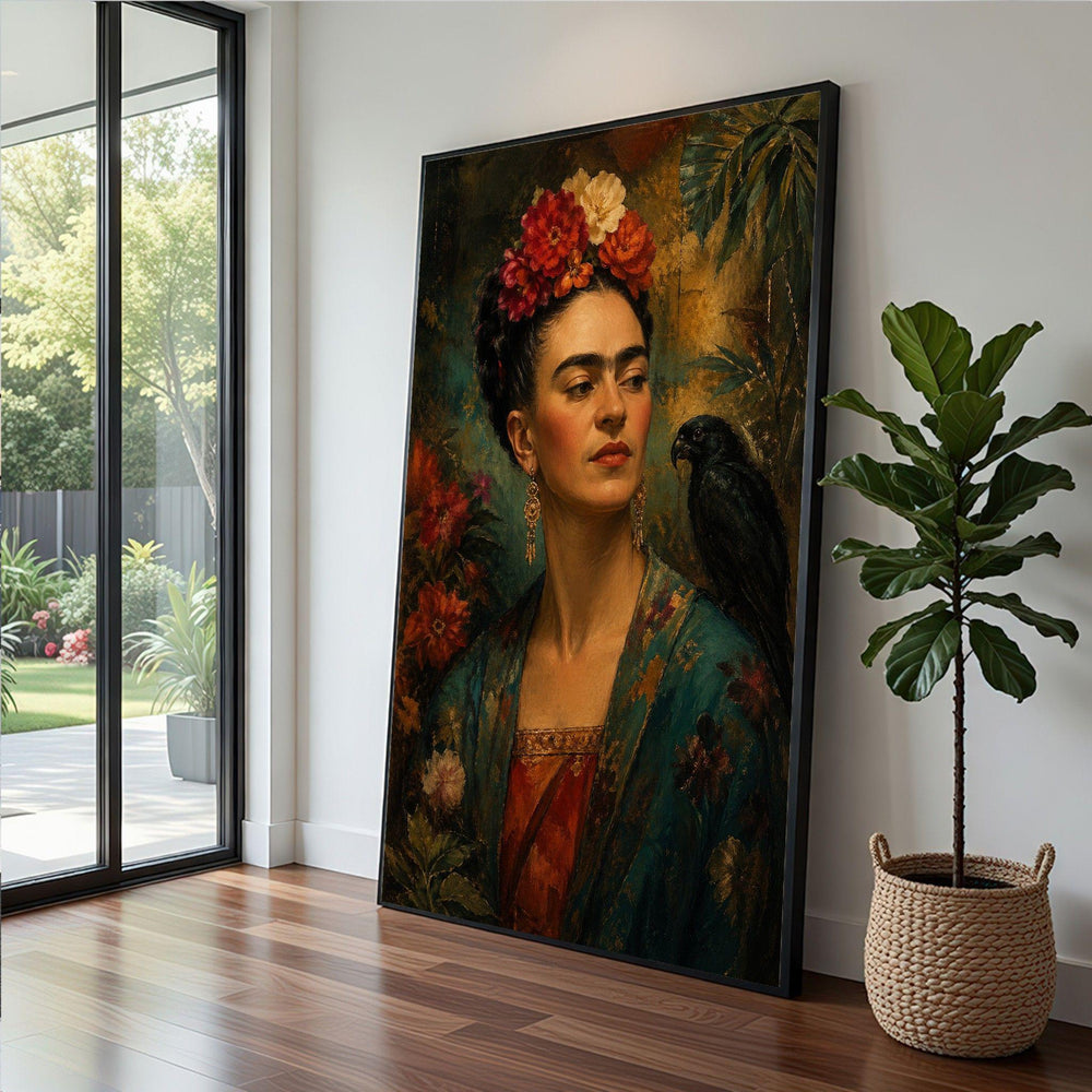 Frida Kahlo Floral Portrait Framed Wall Art, Colorful Botanical Canvas Print, Boho Living Room Decor
