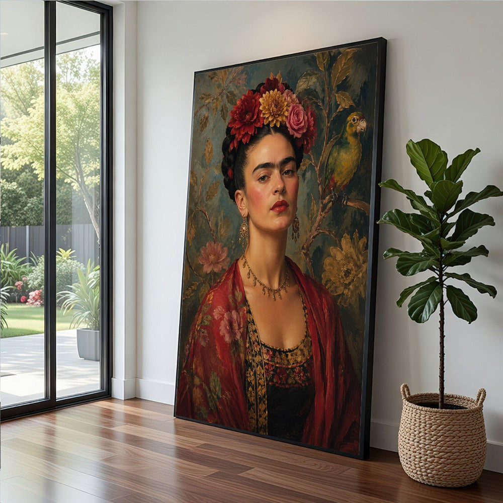 Frida Kahlo Floral Portrait Framed Wall Art, Colorful Vintage Canvas Print, Boho Bedroom Decor