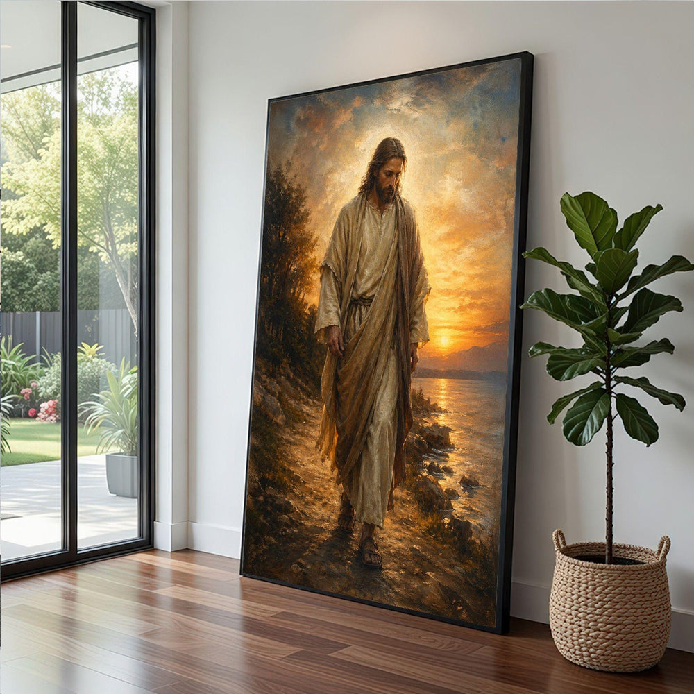 Bible Art Canvas Wall Print, Serene Jesus Walking Seaside Sunset, Christian Faith