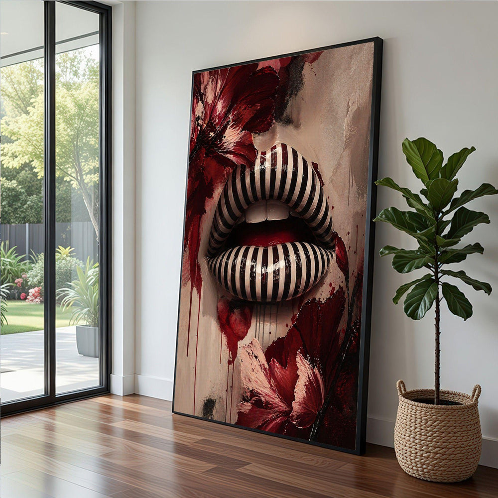 Striped Lips Framed Wall Art, Bold Red Floral Framed Wall Art, Bedroom Decor, Botanical Floral Canvas Print, Modern Living Room Wall Decor