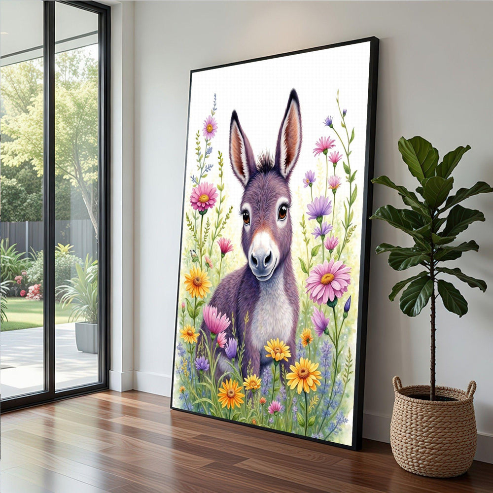 Donkey Floral Framed Wall Art, Purple Yellow Wildflower Canvas Print, Boho Living Room Decor