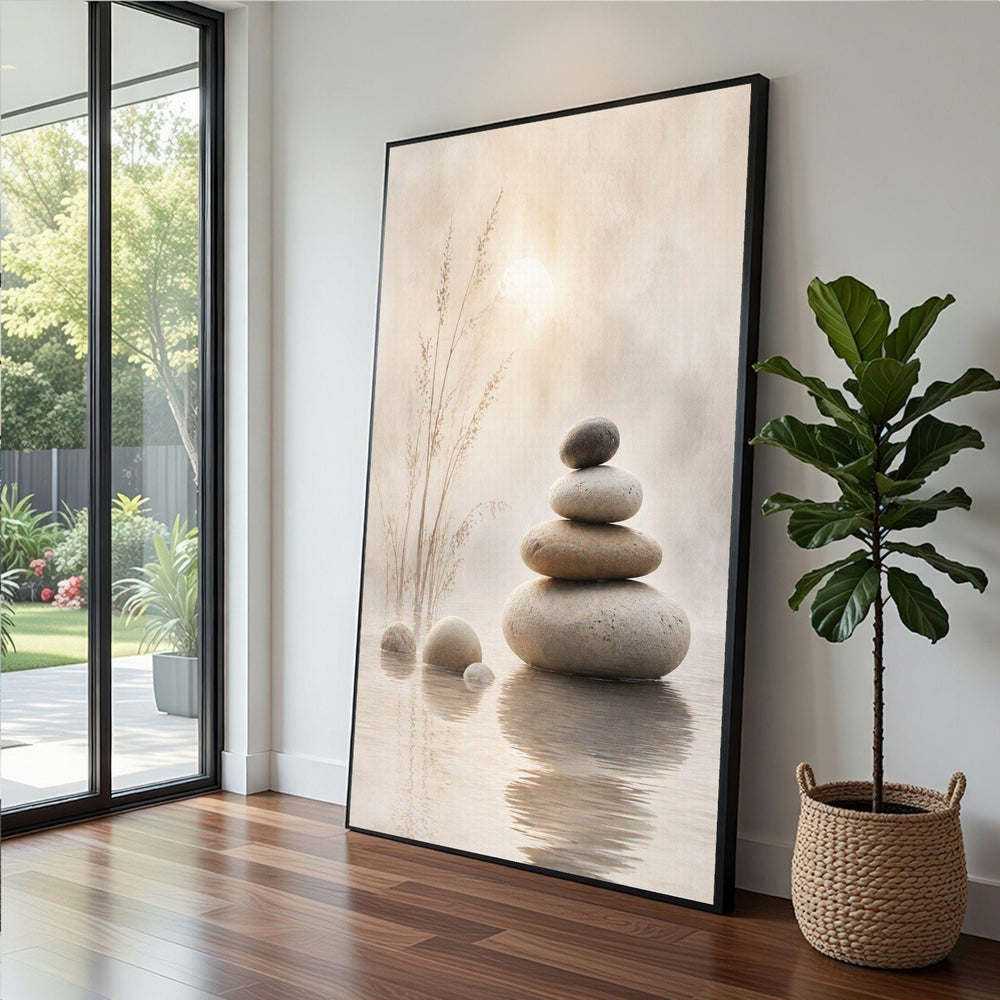 Inspirational Bible Art Canvas Wall Print, Serene Stone Stacked Reflection, Faith