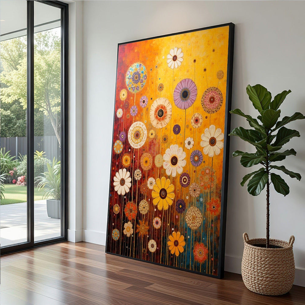 Gustav Klimt Floral Garden Framed Wall Art, Colorful Flower Canvas Print, Boho Living Room Decor