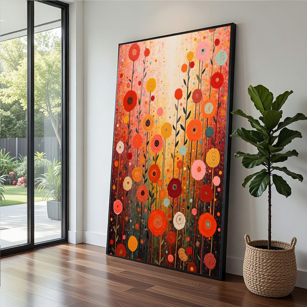 Colorful Floral Abstract Framed Wall Art, Vibrant Flower Garden Canvas Print, Boho Living Room Decor