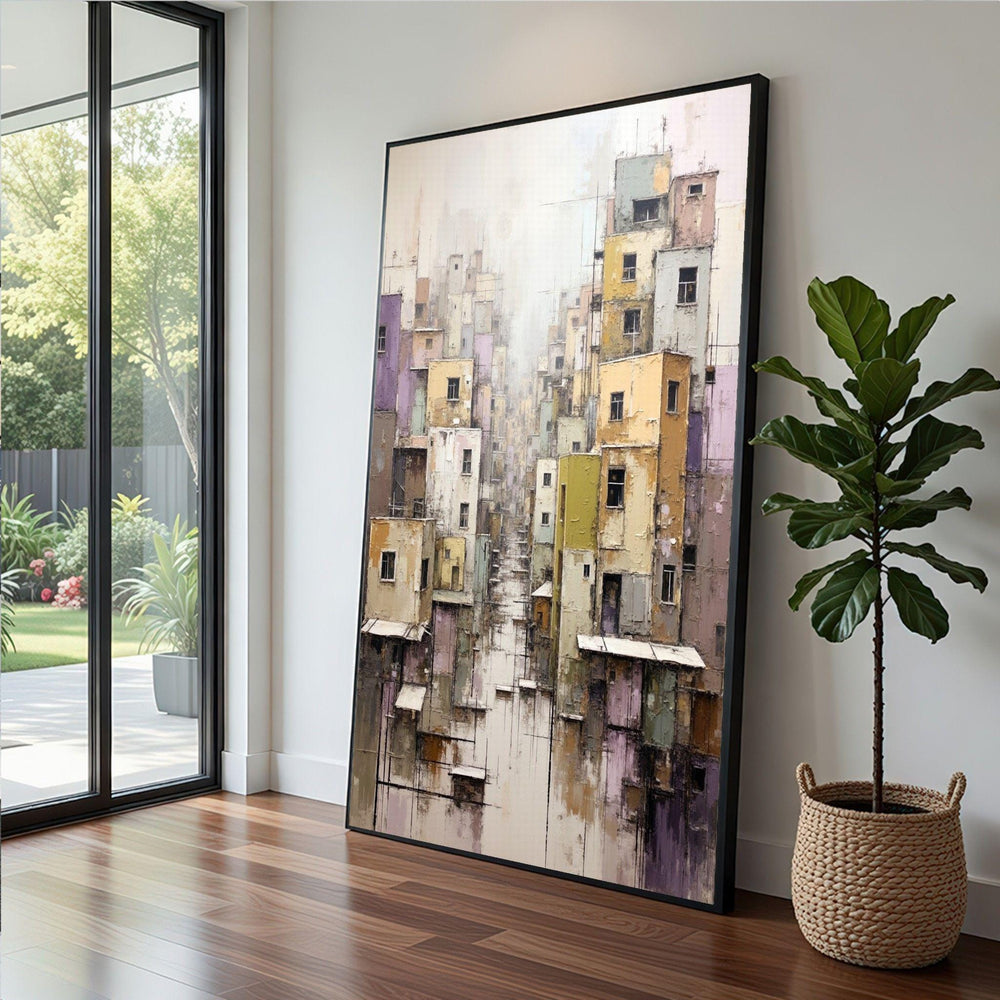 Abstract Urban Landscape Framed Wall Art, Colorful Cityscape Canvas Print, Living Room Decor