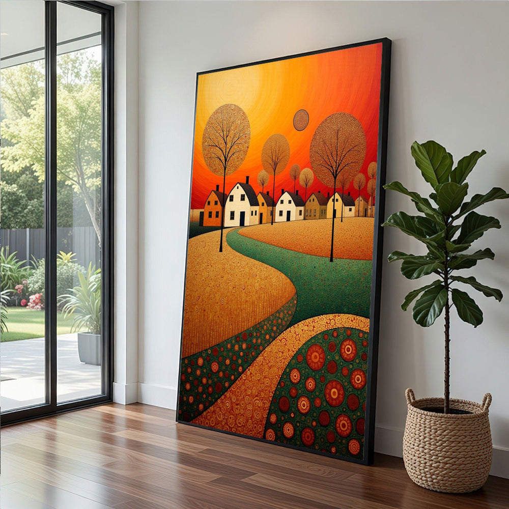 Colorful Village Scene Framed Wall Art, Sunset Tree Houses Canvas Print, Farmhouse Living Room Decor
