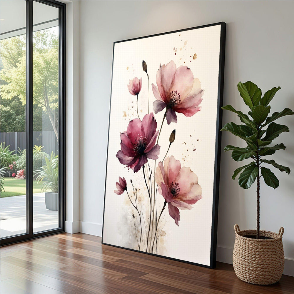 Floral Watercolor Pink Peony Framed Wall Art, Blossom Canvas Print, Boho Bedroom Decor
