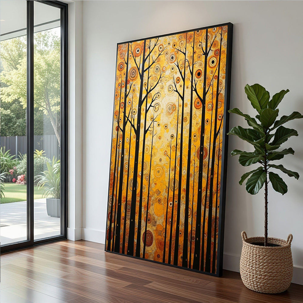 Gustav Klimt Abstract Forest Framed Wall Art, Golden Yellow Tree Canvas Print, Living Room Decor