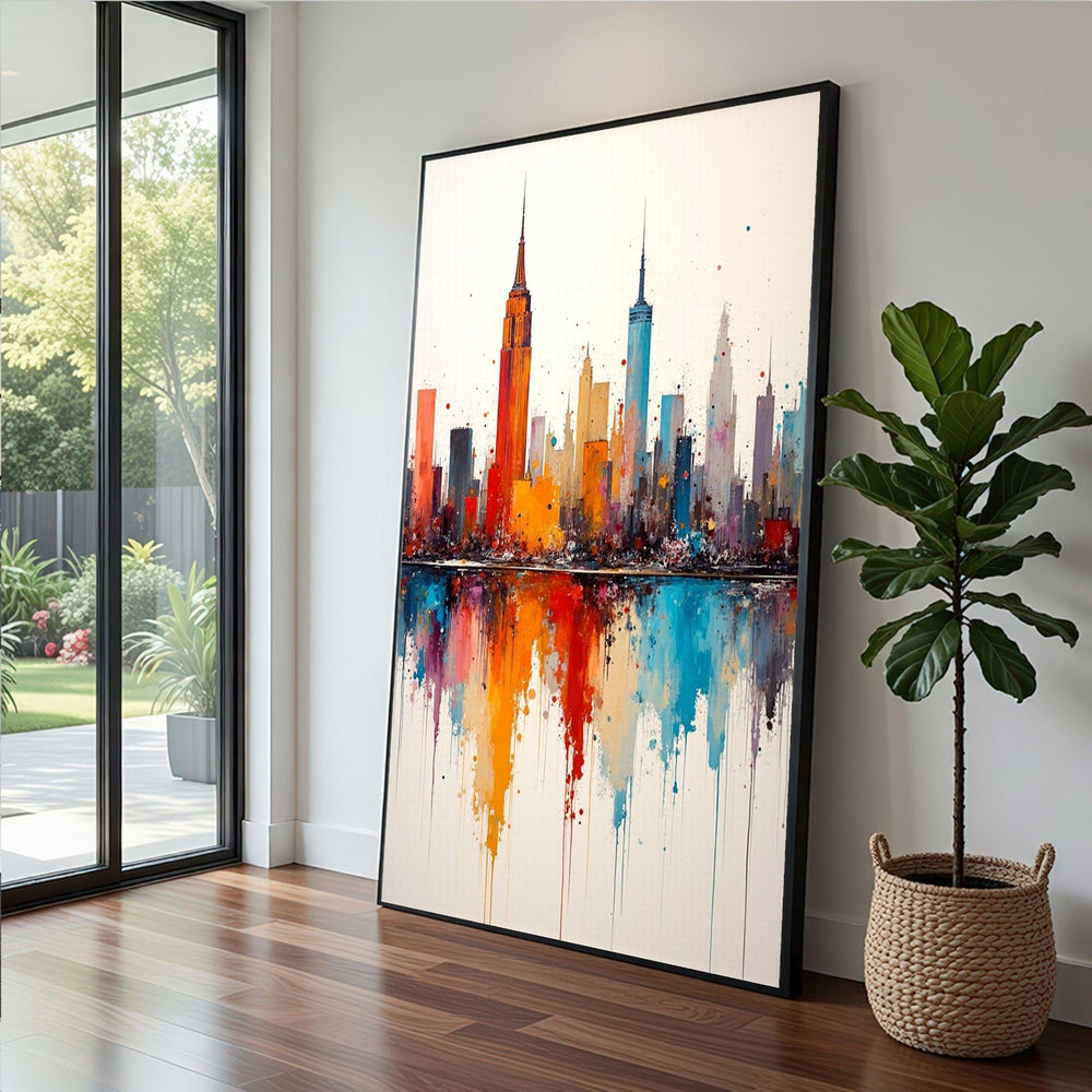 Colorful New York City Skyline Framed Wall Art, Vibrant Reflection Canvas Print, Urban Living