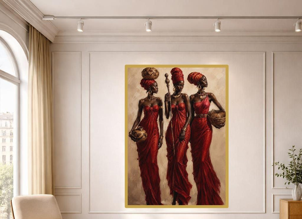 Red Cultural Portrait African Women in Red Canvas Wall Art, Ethnic Art Print, Living Room Decor, Framed Canvas
