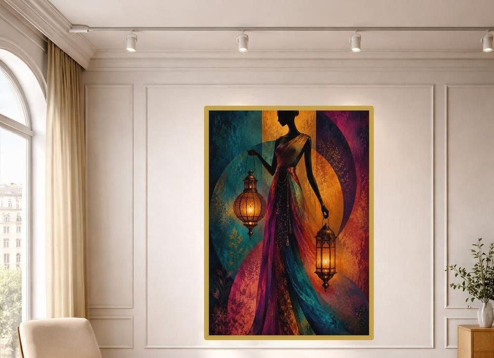 Blue Moody Colorful Silhouette Woman with Lanterns Canvas Print, Silhouette Art, Living Room Decor, Framed Canvas