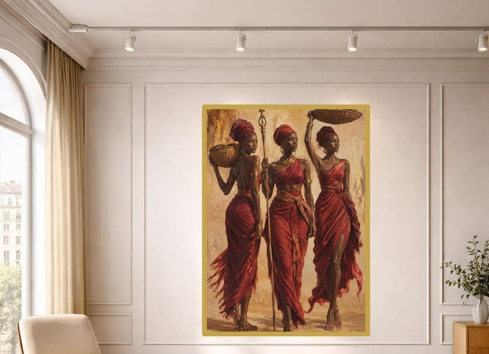 Three Women in Red Art Print, Cultural Portrait Canvas Wall Art, Living Room Decor, Framed Canvas