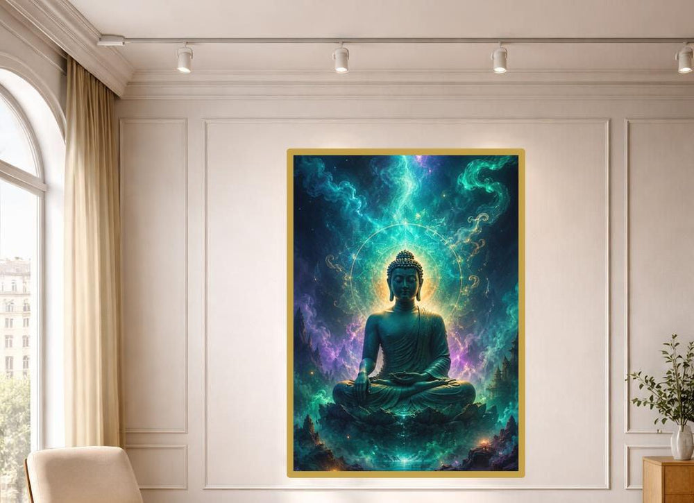 Golden Buddha Mandala Wall Art Print, Spiritual Cosmic Canvas Art, Meditation Room Decor, Ready to Hang