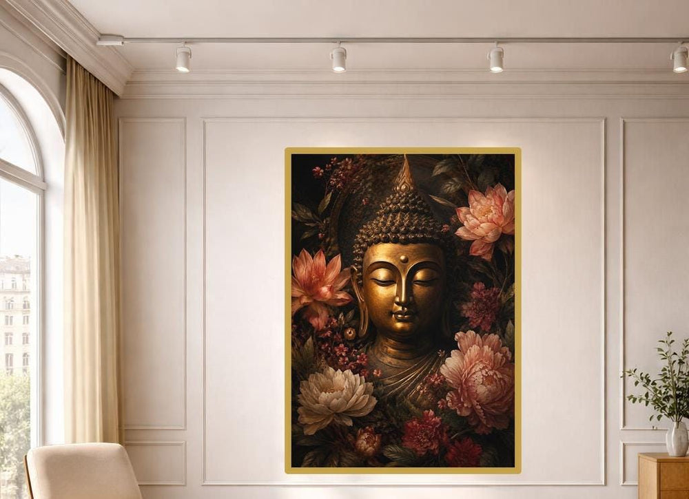 Golden Buddha with Flowers Wall Art Print, Dark Floral Art Canvas Art, Living Room Decor, Ready to Hang