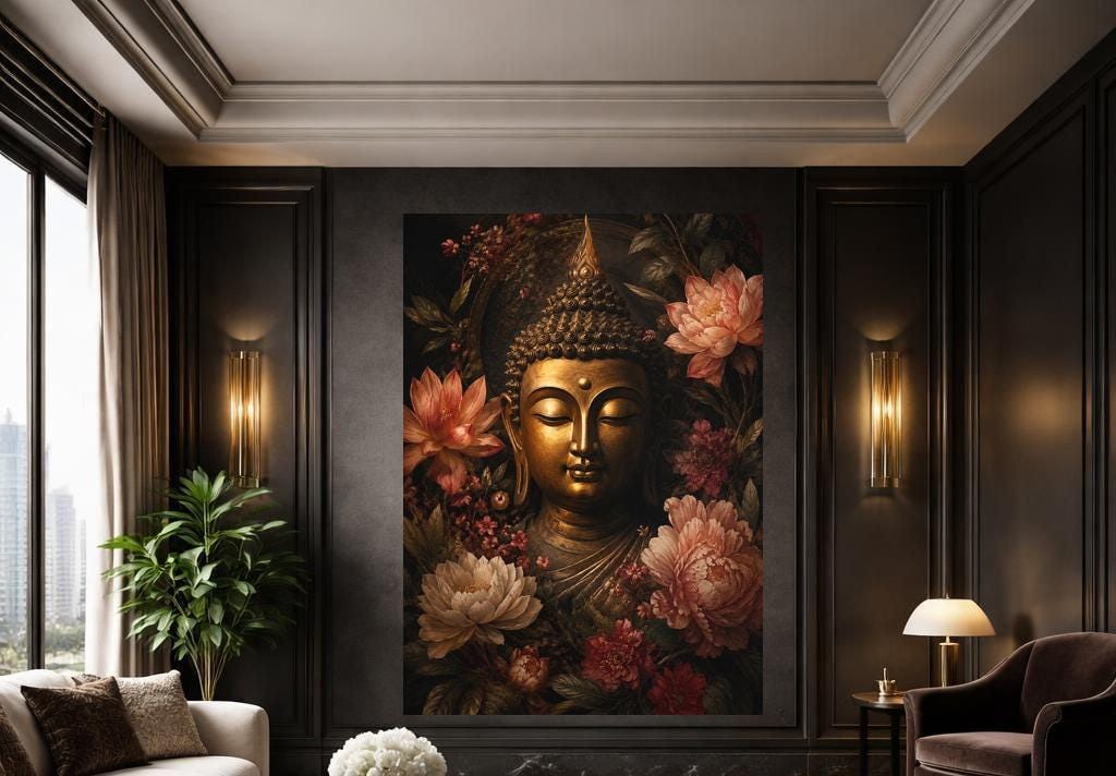 Golden Buddha with Flowers Wall Art Print, Dark Floral Art Canvas Art, Living Room Decor, Ready to Hang