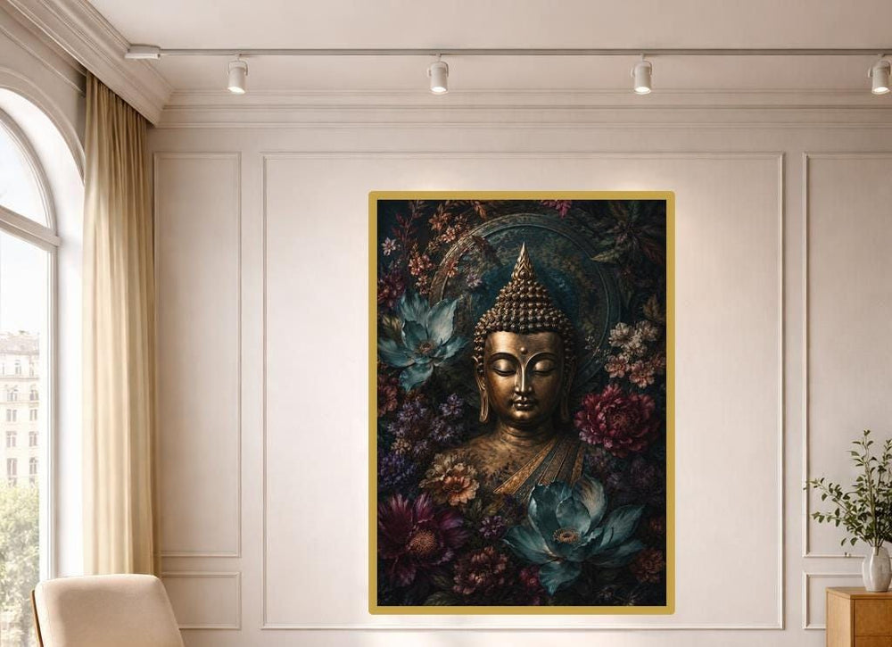 Golden Buddha with Flowers Wall Art Print, Dark Floral Art Canvas Art, Meditation Room Decor, Ready to Hang