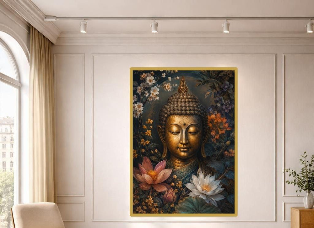 Golden Buddha with Flowers Wall Art Print, Botanical Spiritual Canvas Art, Meditation Room Decor, Ready to Hang