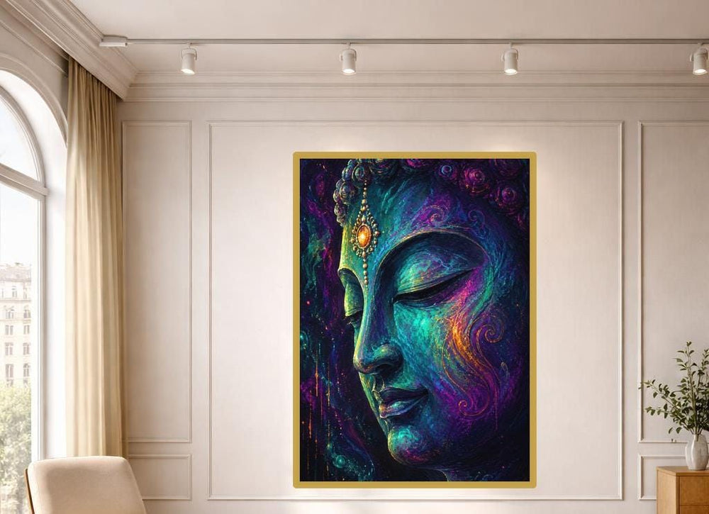 Colorful Buddha Face Wall Art Print, Vibrant Spiritual Canvas Art, Living Room Decor, Ready to Hang