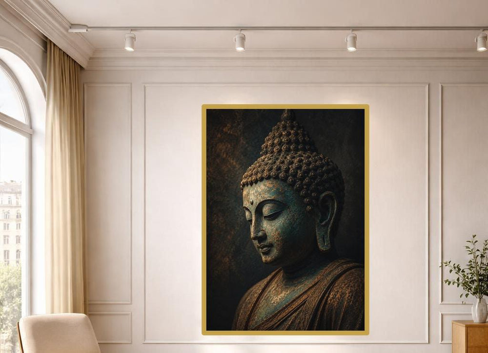 Golden Buddha Portrait Wall Art Print, Moody Spiritual Canvas Art, Meditation Room Decor, Ready to Hang