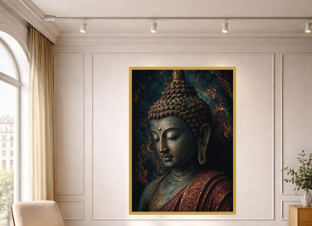 Golden Buddha Portrait Wall Art Print, Meditative Spiritual Canvas Art, Prayer Room Decor, Ready to Hang