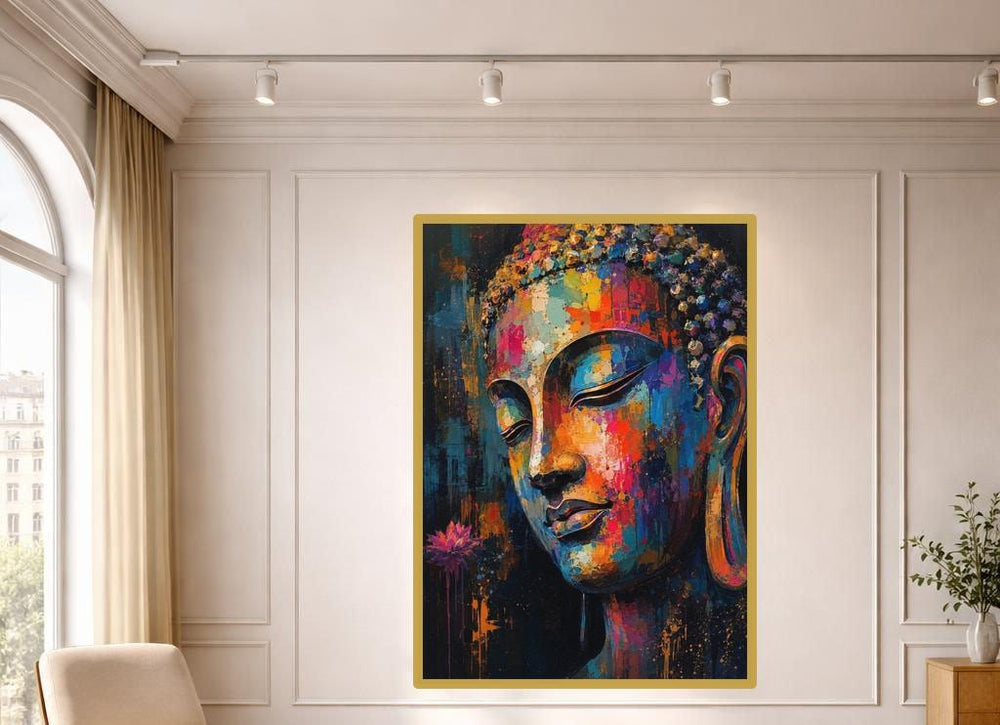 Colorful Buddha Portrait Wall Art Print, Vibrant Spiritual Canvas Art, Living Room Decor, Ready to Hang