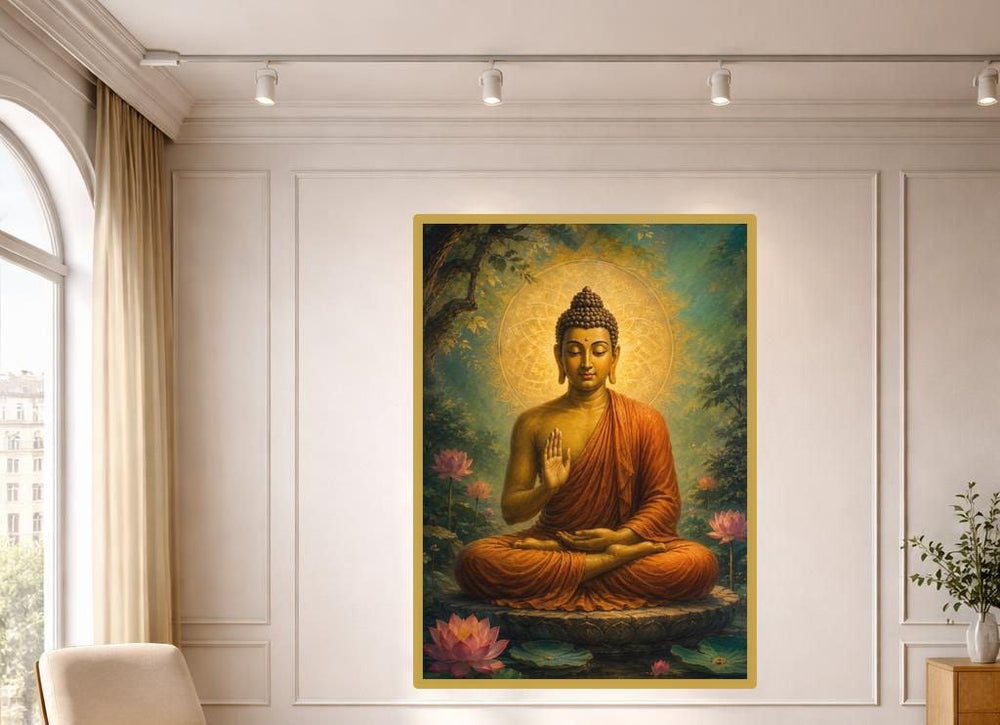 Golden Buddha Meditating Wall Art Print, Spiritual Art Canvas Art, Meditation Room Decor, Ready to Hang
