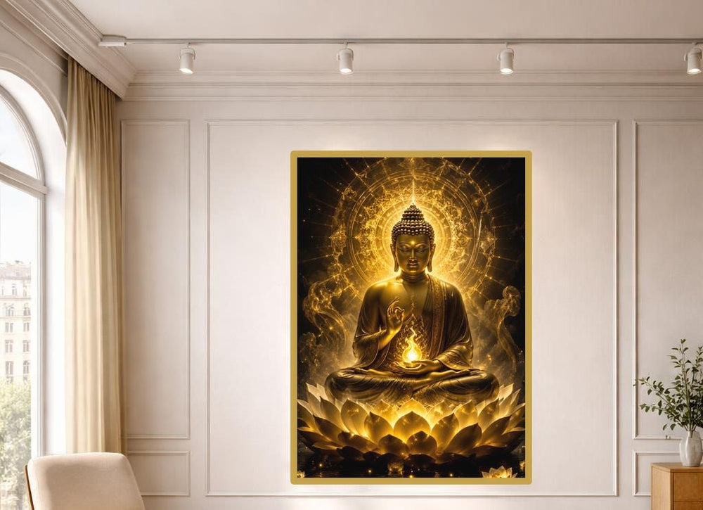 Golden Buddha with Lotus Canvas Wall Art, Gold Spiritual Art Buddha Print, Meditation Room Decor, Gallery Wall Art
