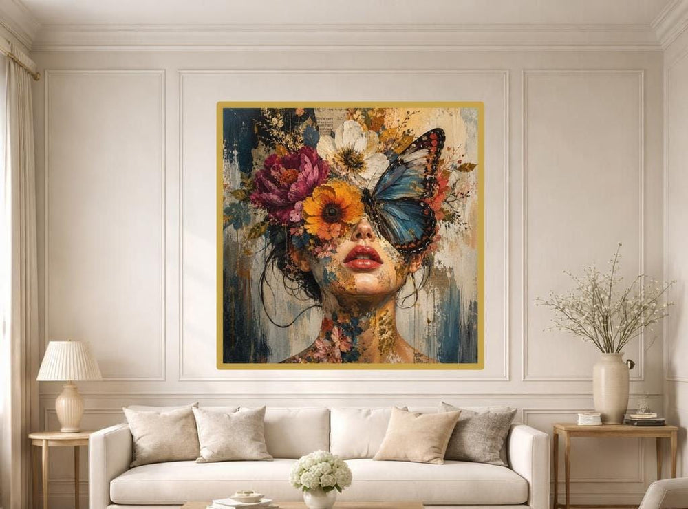 Floral Woman Portrait Canvas Wall Art, Tattooed Woman Rose Print, Gothic Bedroom Decor, Framed Canvas