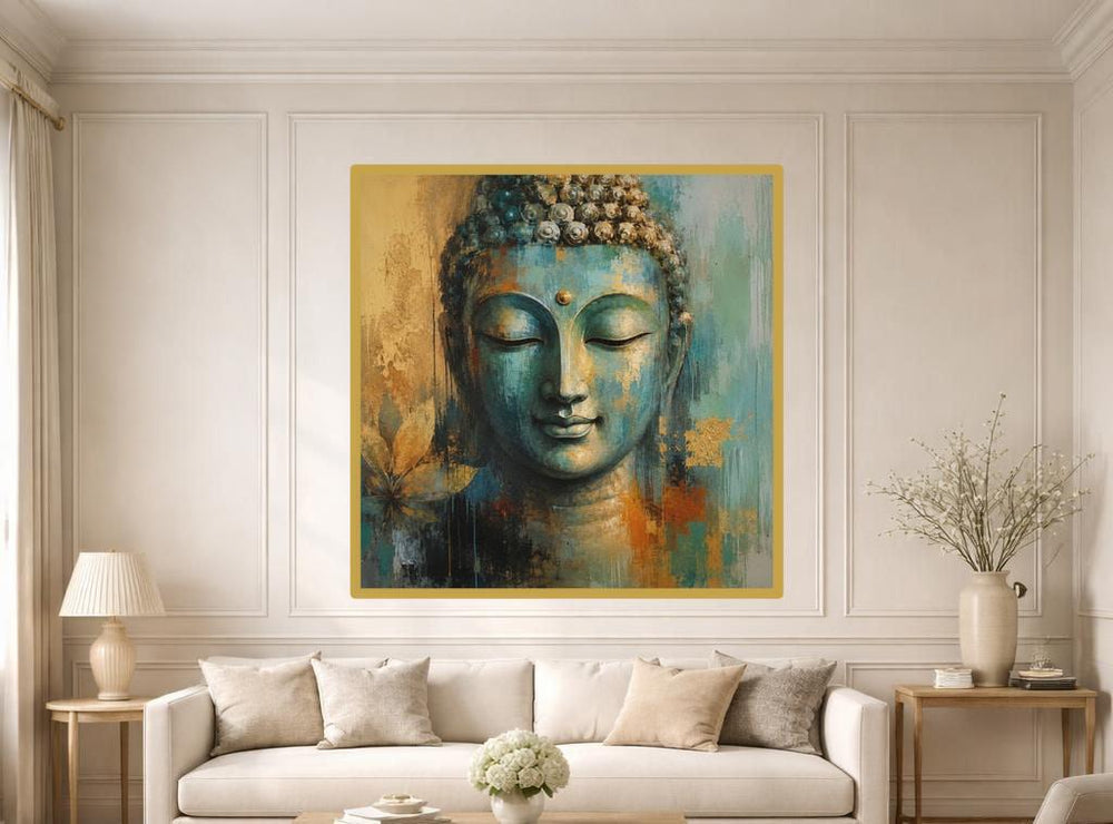 Golden Buddha Face Wall Art Print, Abstract Spiritual Canvas Art, Meditation Room Decor, Ready to Hang