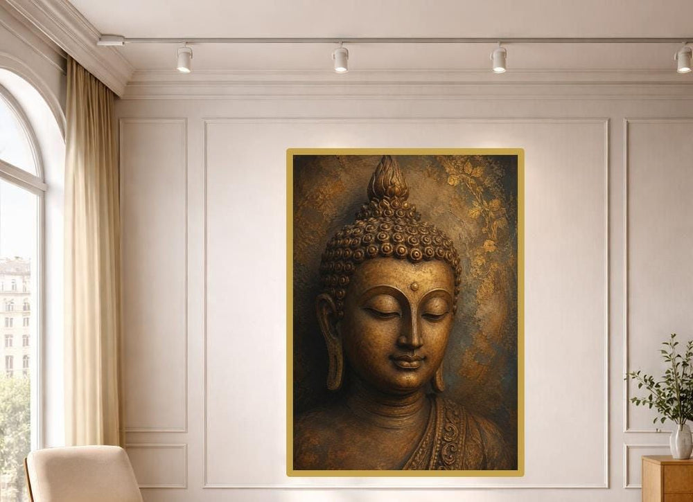Golden Buddha Portrait Wall Art Print, Meditative Sculpture Canvas Art, Prayer Room Decor, Ready to Hang