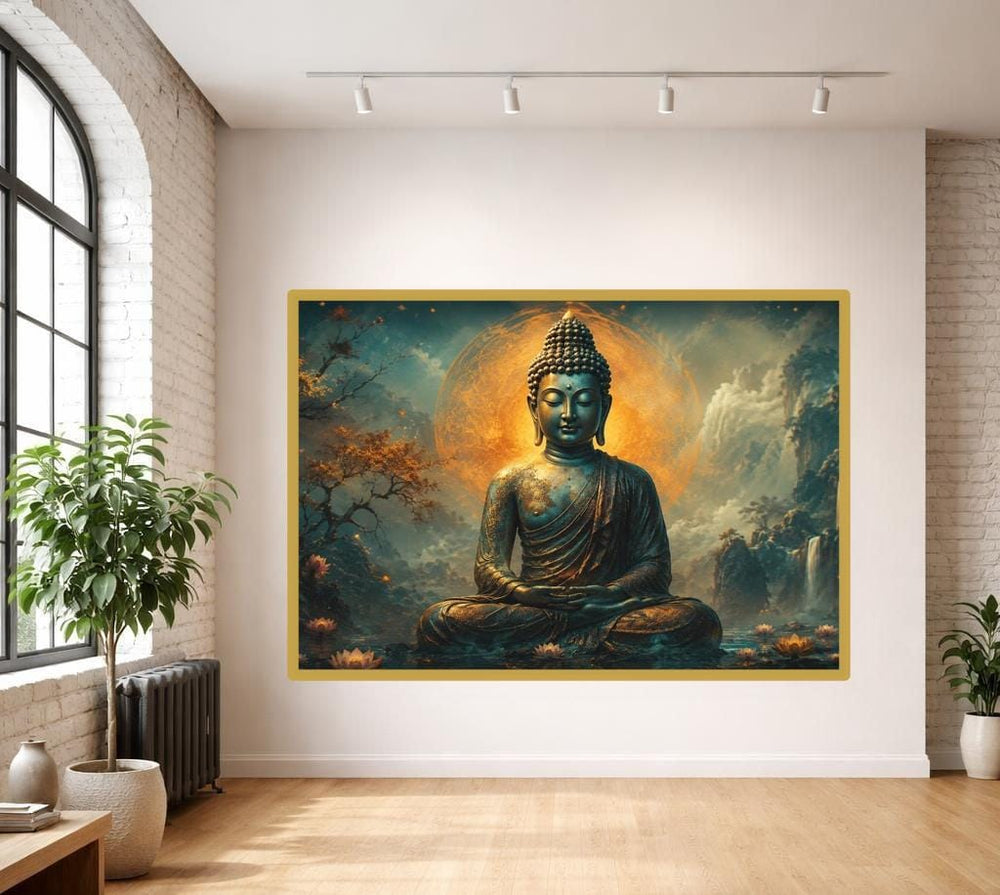 Golden Buddha Mandala Wall Art Print, Spiritual Landscape Canvas Art, Meditation Room Decor, Ready to Hang