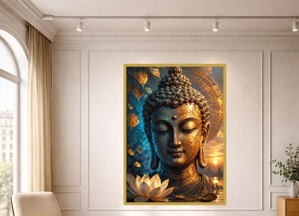 Golden Buddha with Lotus Wall Art Print, Spiritual Serenity Canvas Art, Meditation Room Decor, Ready to Hang