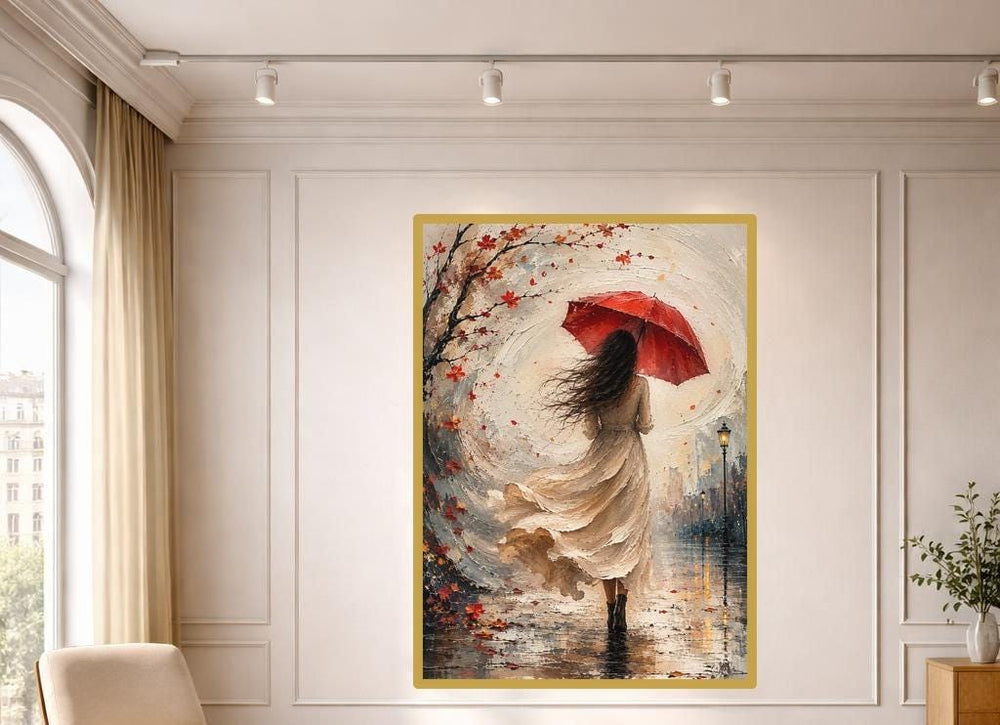 Woman with Red Umbrella Wall Art Print, Impressionist Autumn Canvas Art, Living Room Decor, Ready to Hang