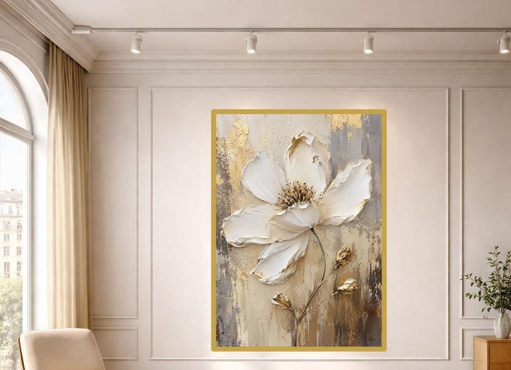 Gold Floral Wall Art Print, Textured Floral Art Canvas Art, Living Room Decor, Ready to Hang