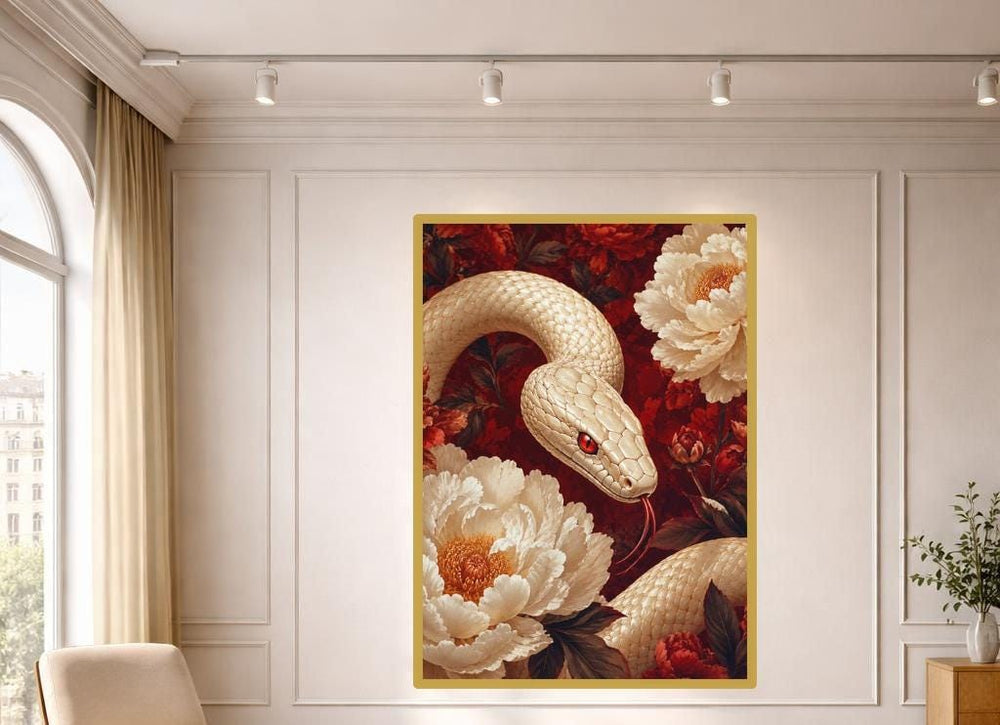White Snake and Peonies Wall Art Print, Floral Realism Canvas Art, Living Room Decor, Ready to Hang