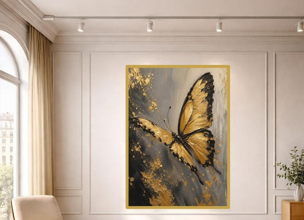 Gold Butterfly Wall Art Print, Textured Floral Canvas Art, Living Room Decor, Ready to Hang