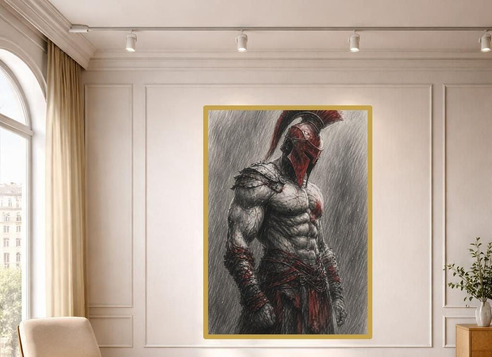Red Spartan Warrior Wall Art Print, Dramatic Warrior Art Canvas Art, Living Room Decor, Ready to Hang