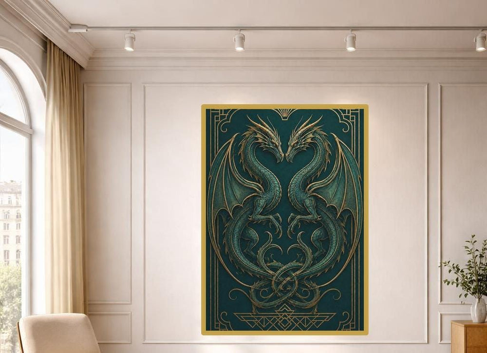 Double Dragon Art Print, Fantasy Art Deco Canvas Wall Art, Living Room Decor, Framed Canvas