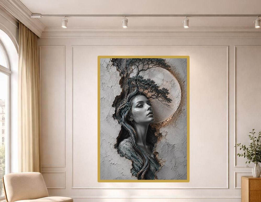 Woman with Tree Wall Art Print, Surreal Nature Art Canvas Art, Living Room Decor, Ready to Hang